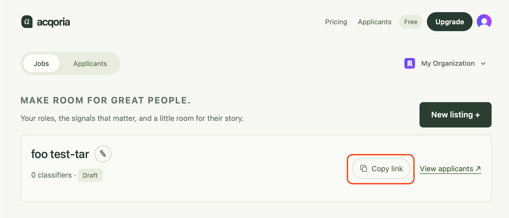 Acqoria Jobs page with the listing's Copy link button outlined in red.