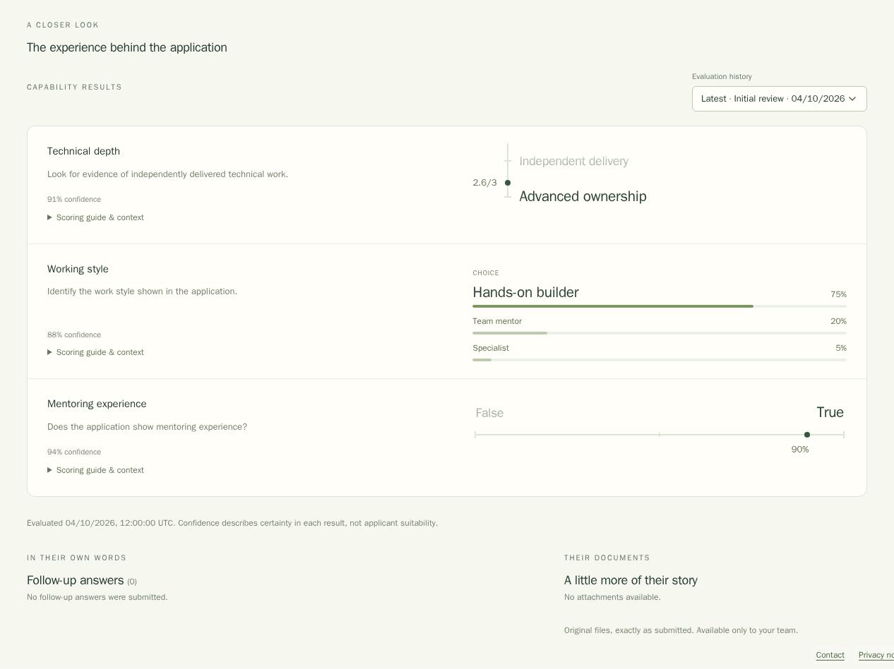 An expanded sample application with its classifier results, follow-up answers, and documents.