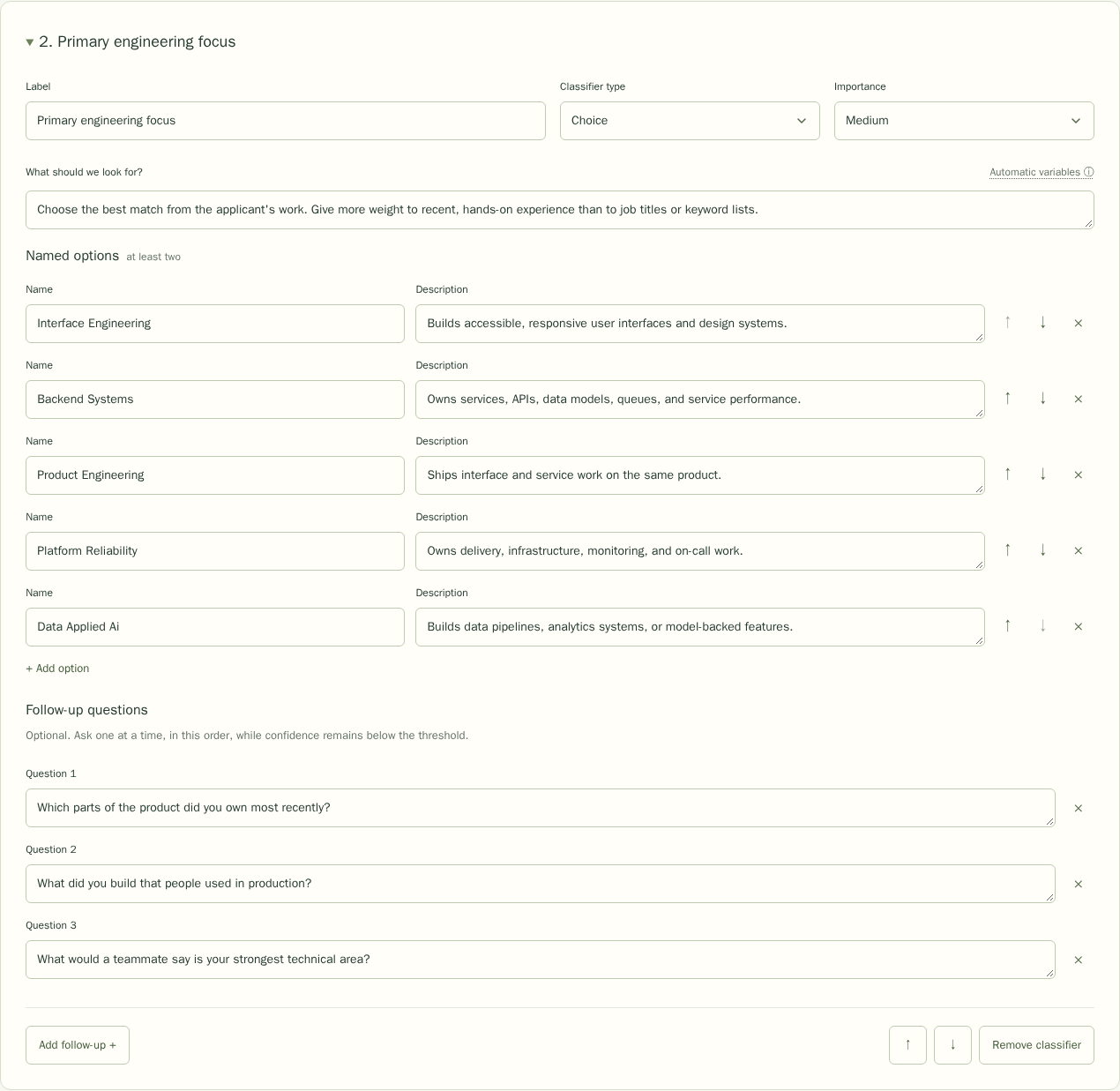 A Choice classifier with named engineering-focus options in the job editor.