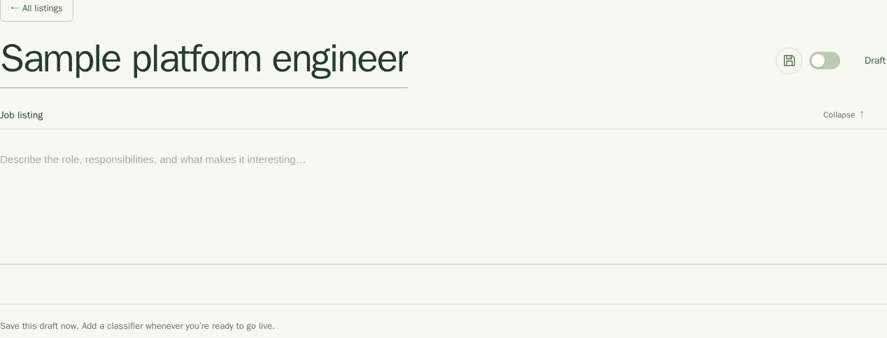 The job title and expanded Job listing editor for a sample role.