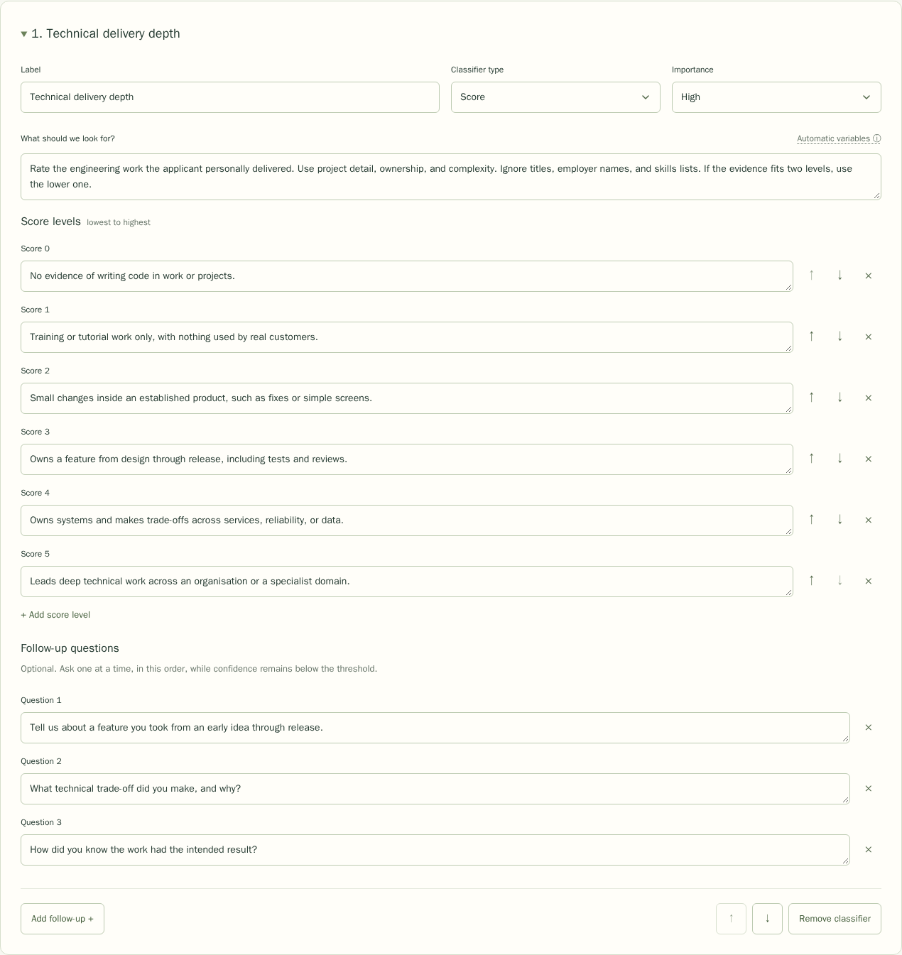 A technical-depth Score classifier with ordered descriptions in the job editor.