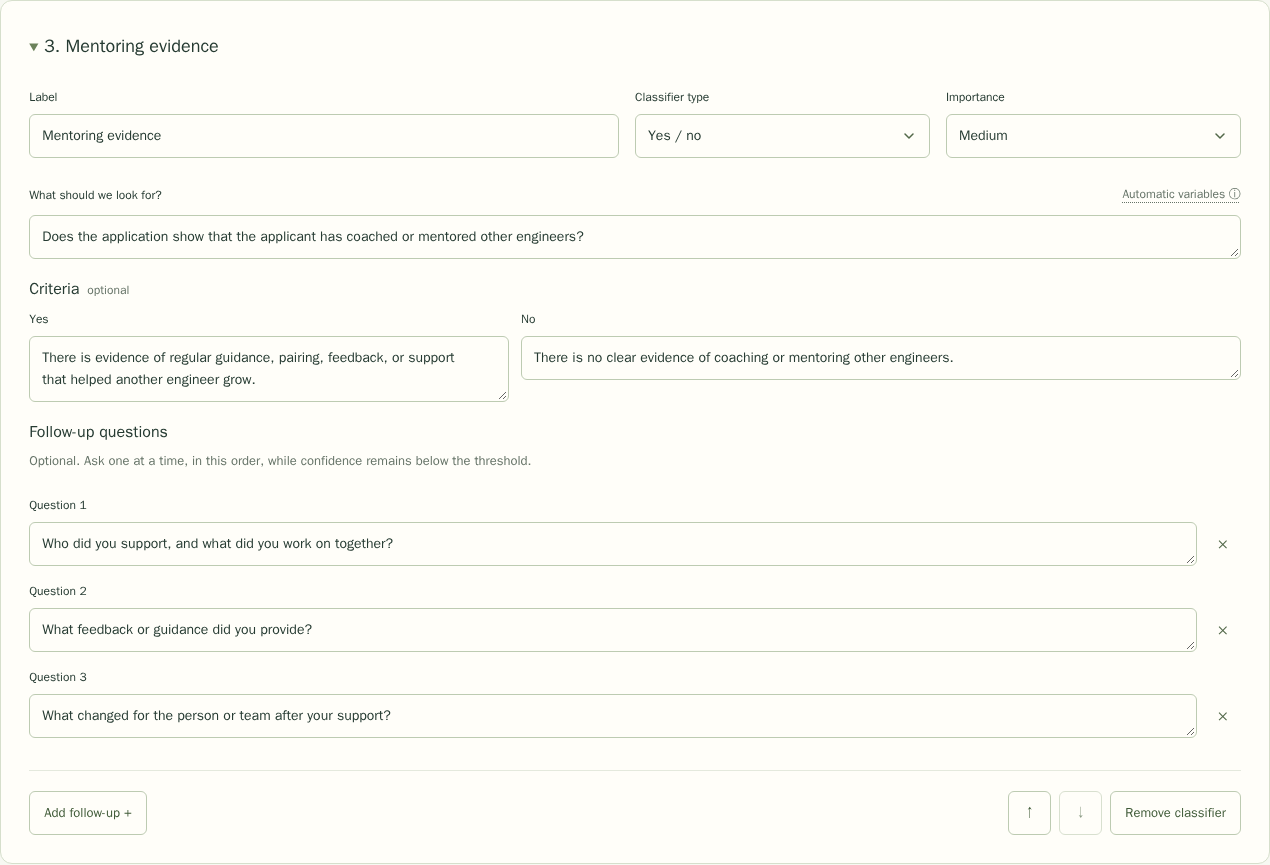 A Yes / no classifier with clear definitions for both outcomes in the job editor.
